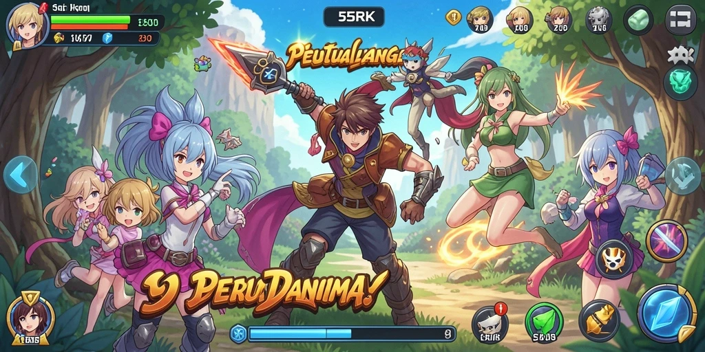 Screenshot utama 55RK menampilkan aksi seru dan karakter-karakter ikonik dari anime.