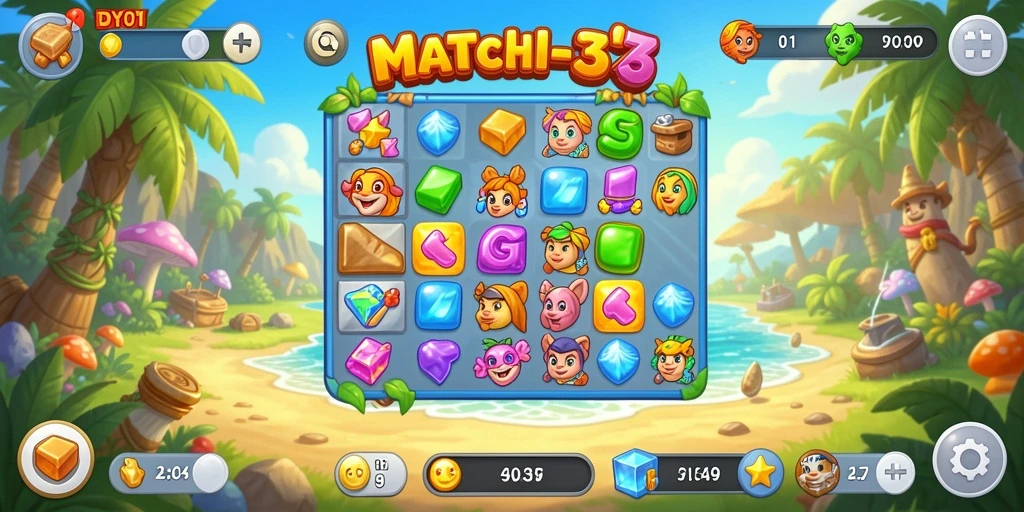 Tampilan screenshot gameplay DY01 dengan pencocokan item Match-3 yang menarik.