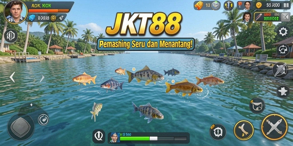 Tampilan gameplay JKT88 dengan ikan yang melompat di air.