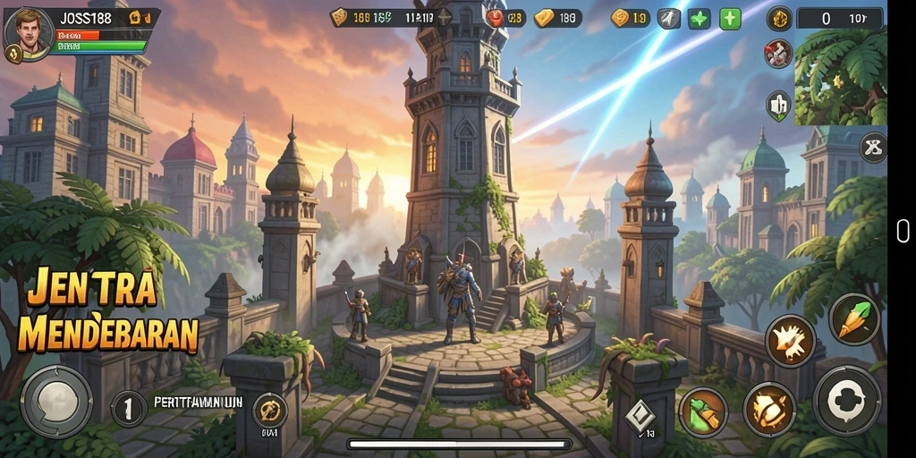 Tangkapan layar gameplay JOSS188 menampilkan aksi menara bertahan yang intens.