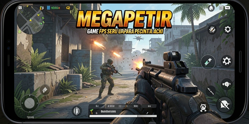 Screenshot utama MEGAPETIR menampilkan aksi intens dalam gameplay FPS.